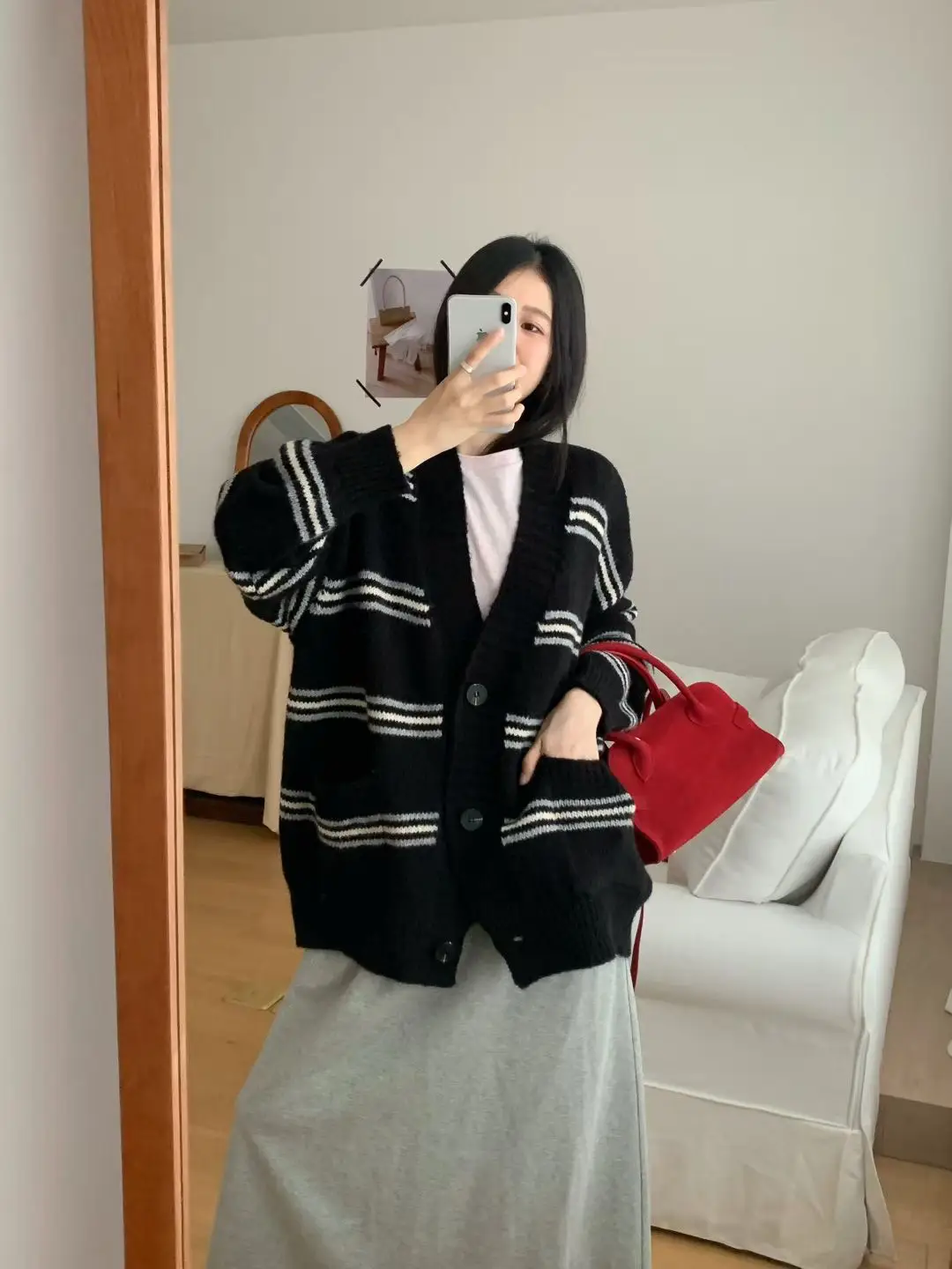 프레피 스트라이프 울 가디건