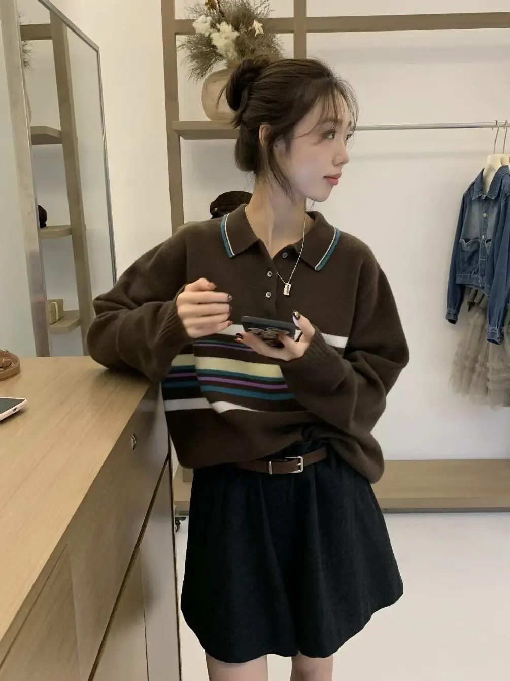 폴로 칼라 스트라이프 울 니트 상세 이미지 1