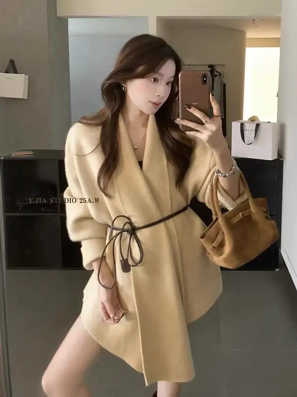 허리 끈 디자인 울 니트 카디건 상세 이미지 2