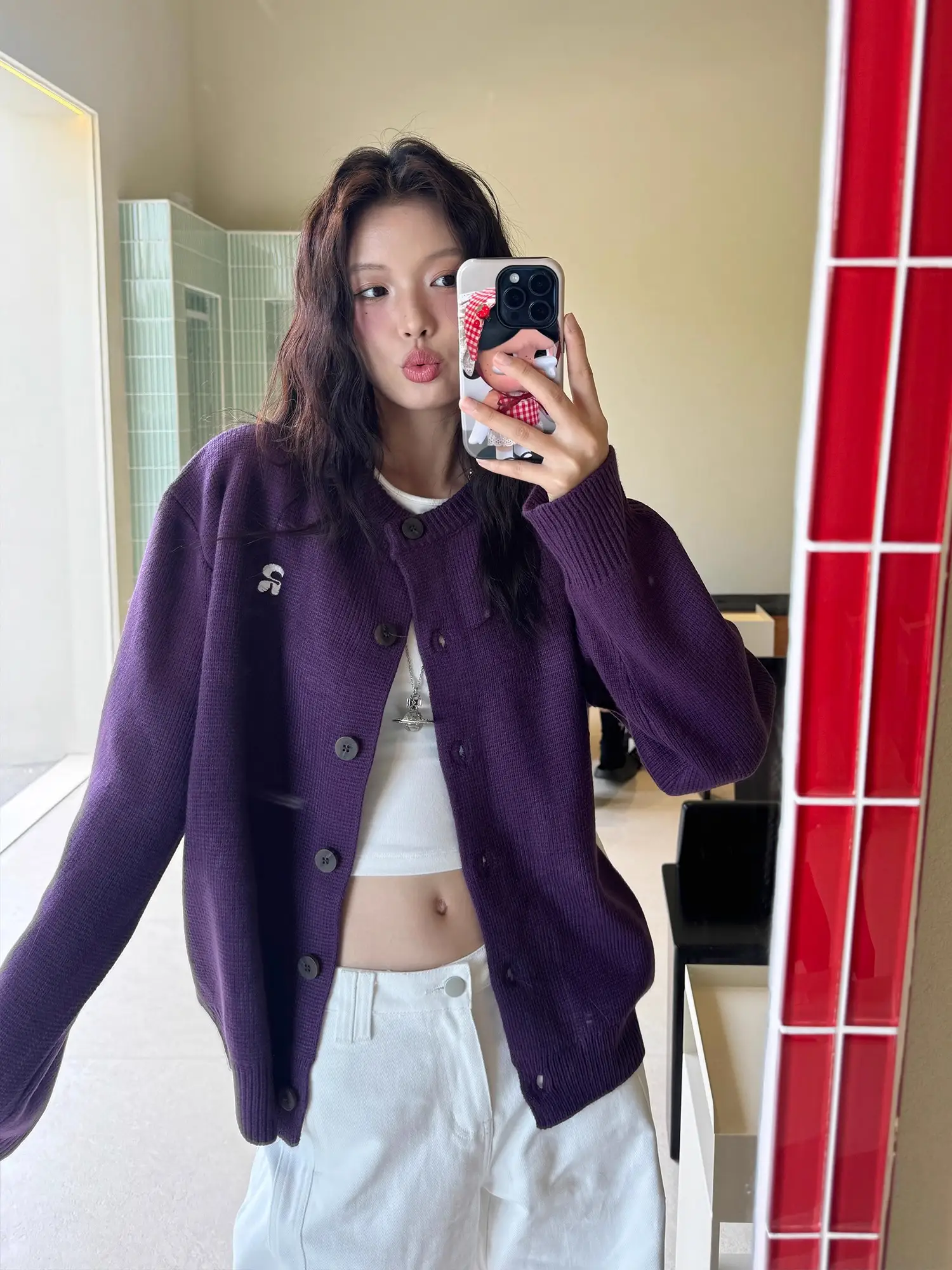 한국인기 루즈핏 퍼플 울 가디건