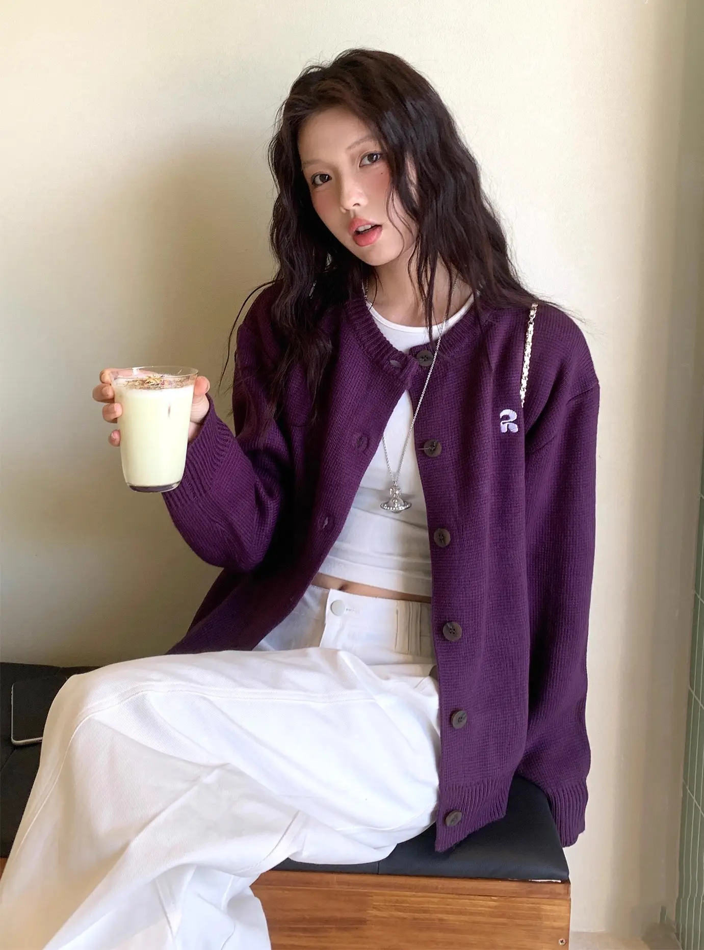 한국인기 루즈핏 퍼플 울 가디건 상세 이미지 4