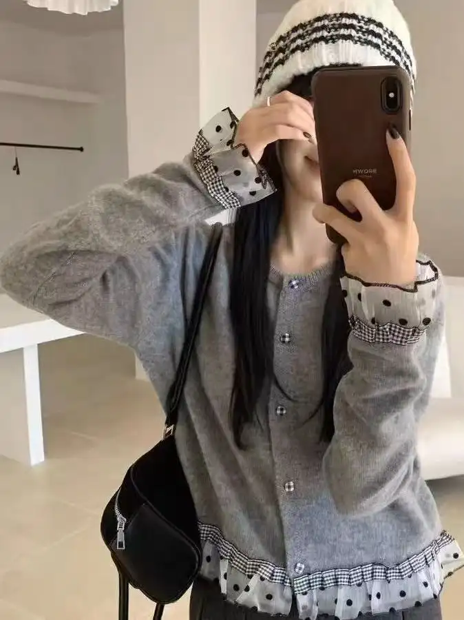 한국인기 러블리 레이스 배색 울 가디건