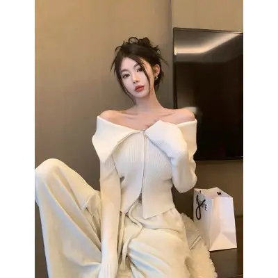 오프숄더 더블 지퍼 울 니트 상세 이미지 1