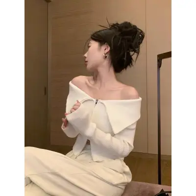 오프숄더 더블 지퍼 울 니트 상세 이미지 3