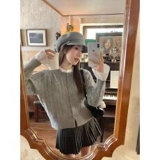 批发韩系学院风假两件木耳边麻花毛衣开衫女短款百搭圆领拼接针织衫<b class='q'>春</b>
