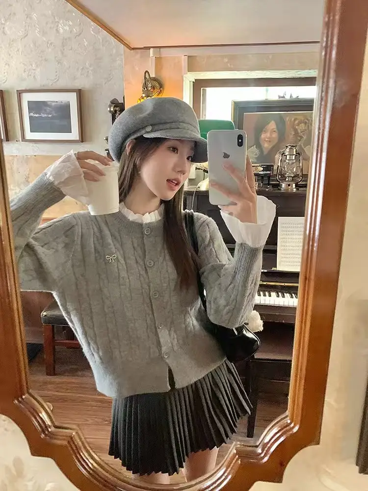 한국인기 프레피 프릴 꽈배기 니트 가디건 상세 이미지 1