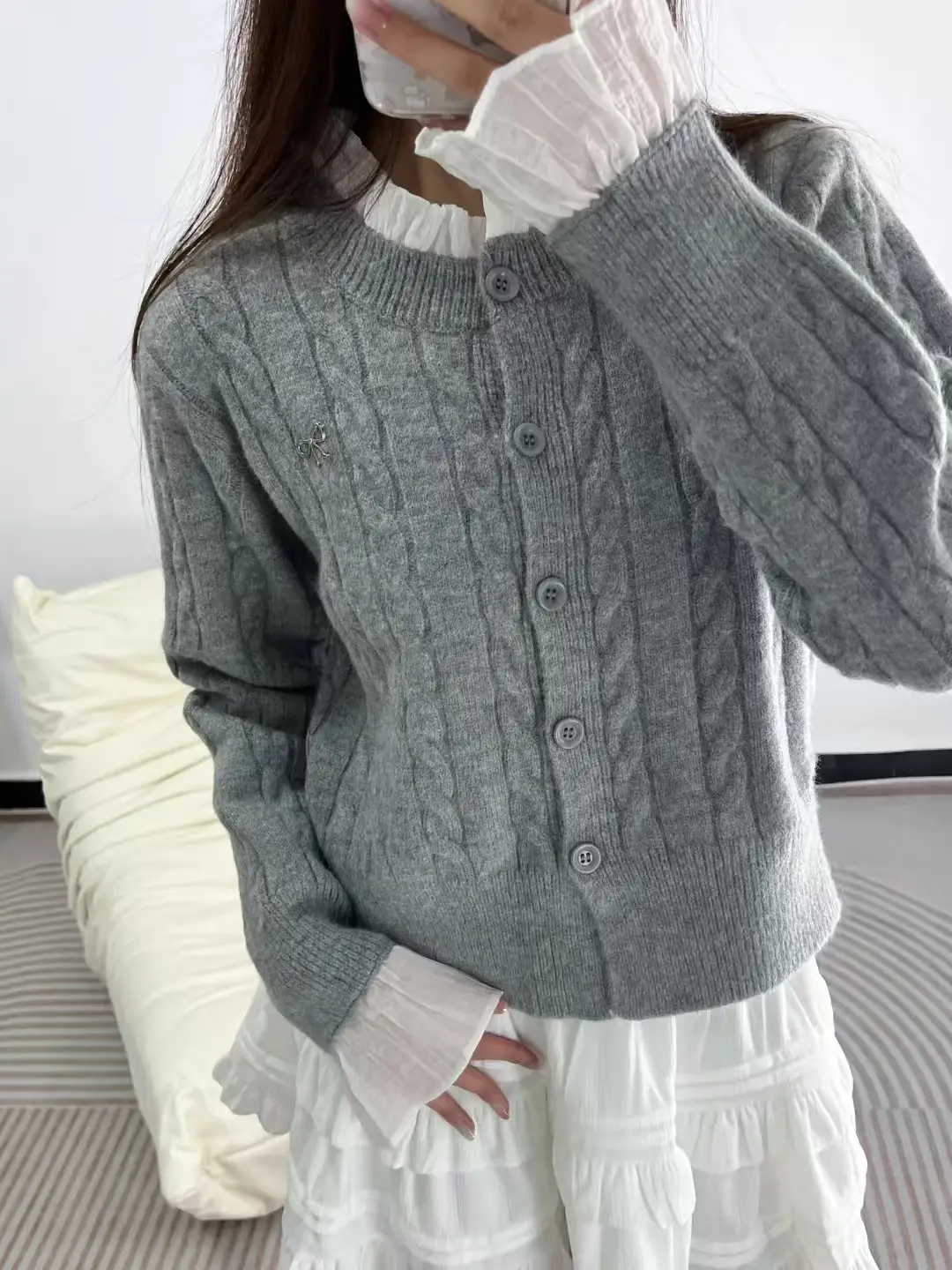 한국인기 프레피 프릴 꽈배기 니트 가디건 상세 이미지 2