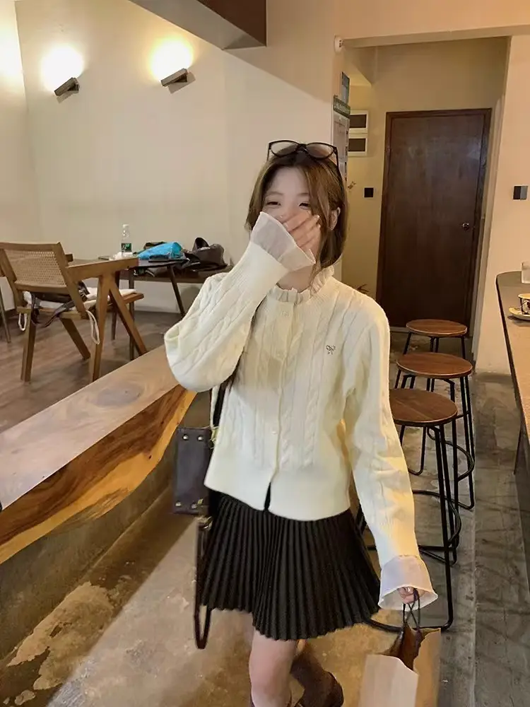 한국인기 프레피 프릴 꽈배기 니트 가디건 상세 이미지 5
