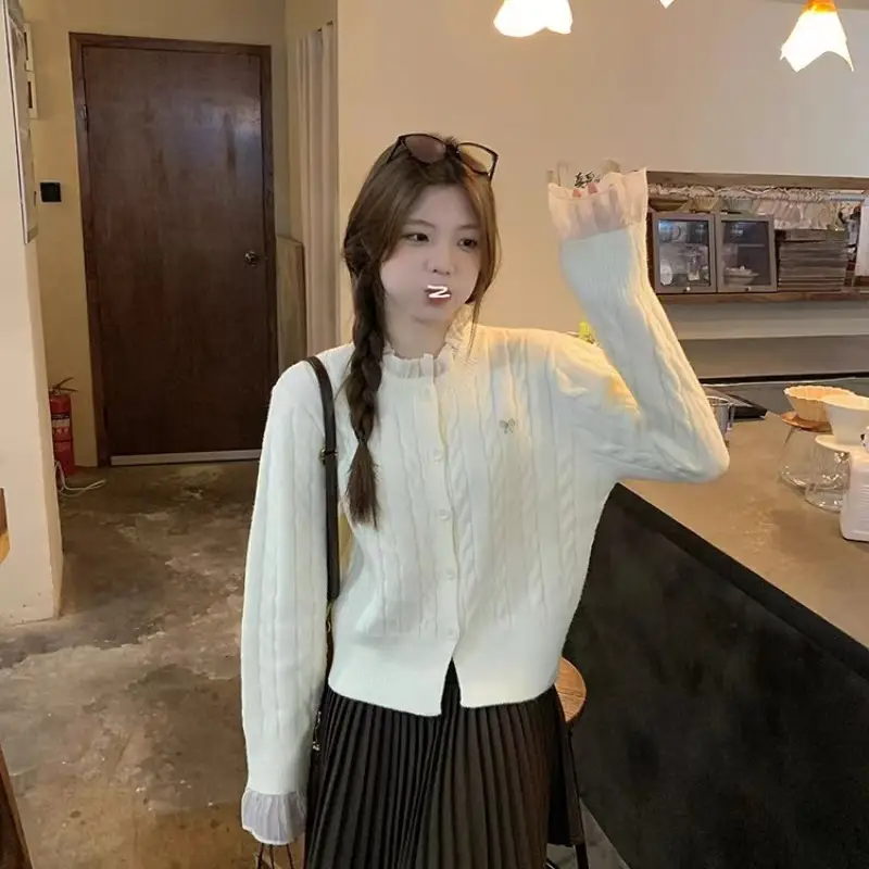 한국인기 프레피 프릴 꽈배기 니트 가디건 상세 이미지 6