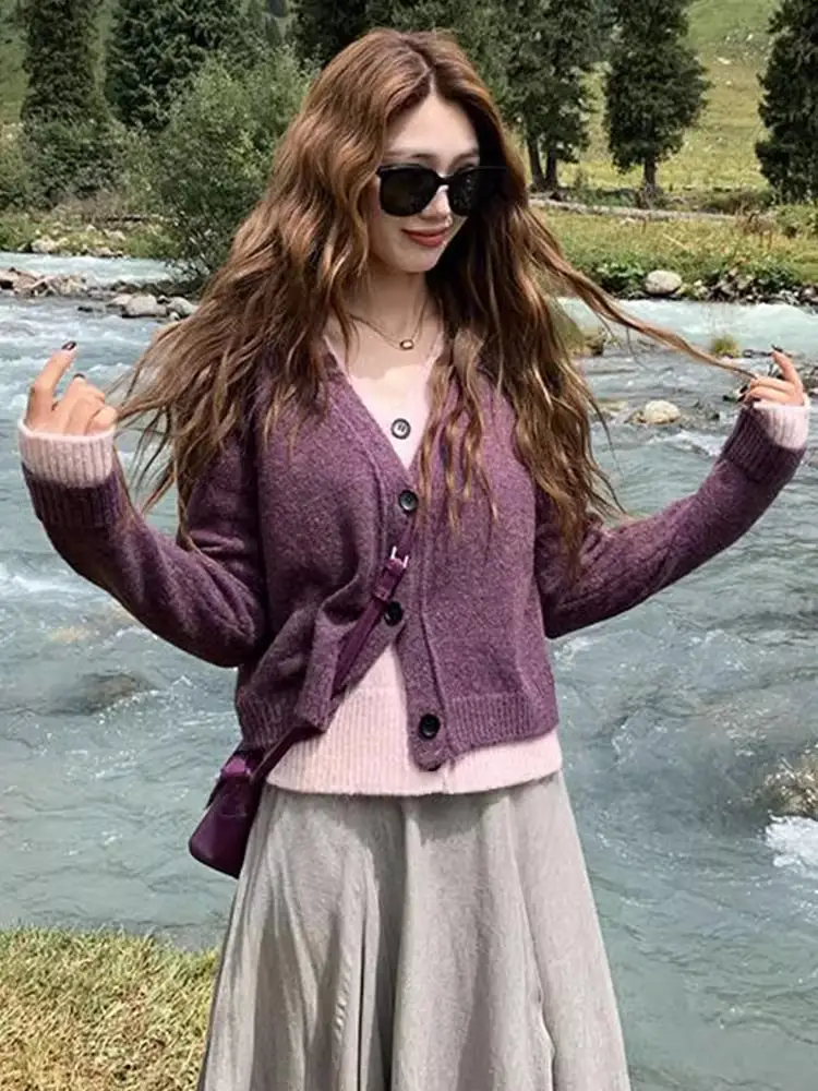 레이어드 컬러 배색 울 가디건 상세 이미지 2