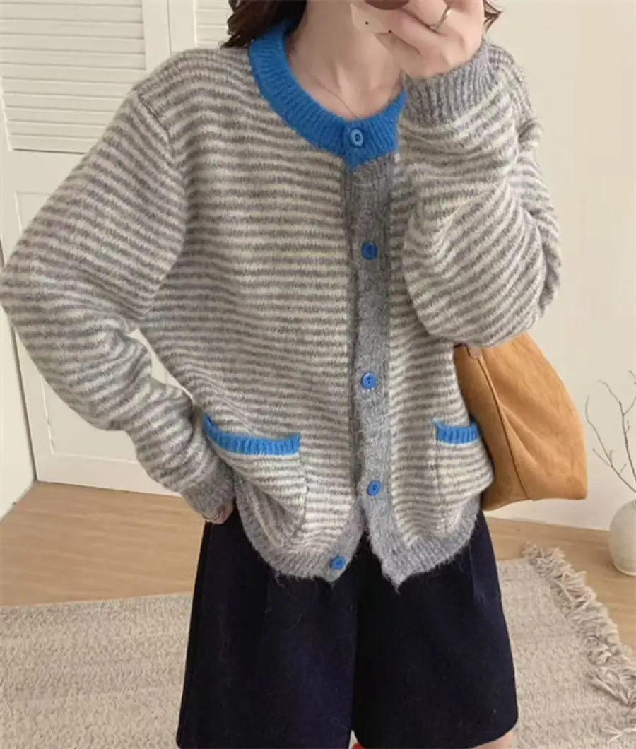 한국인기 배색 스트라이프 울 가디건 상세 이미지 3