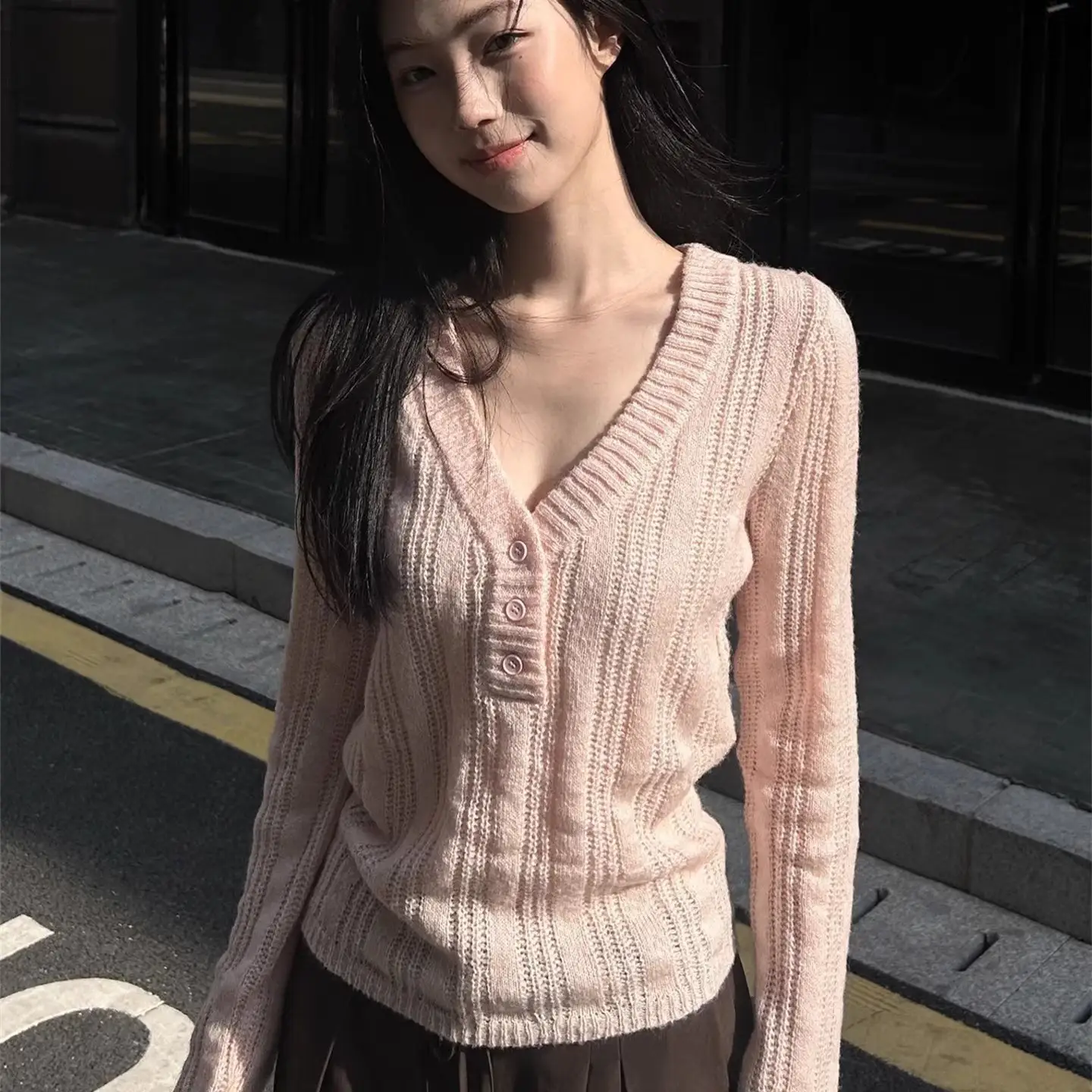 핑크 V넥 긴소매 울 니트 상세 이미지 1