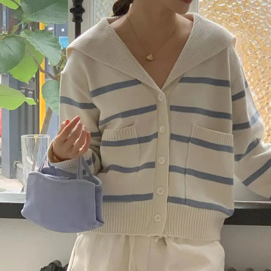 한국인기 세일러 칼라 스트라이프 울 가디건 상세 이미지 3