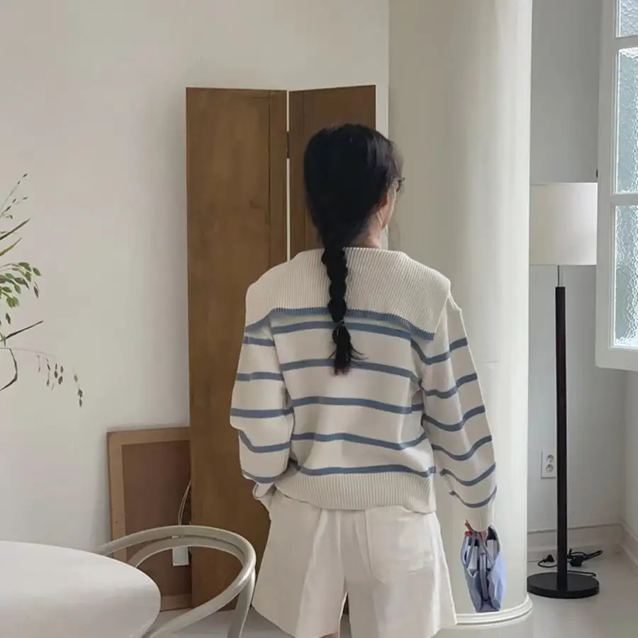 한국인기 세일러 칼라 스트라이프 울 가디건 상세 이미지 5