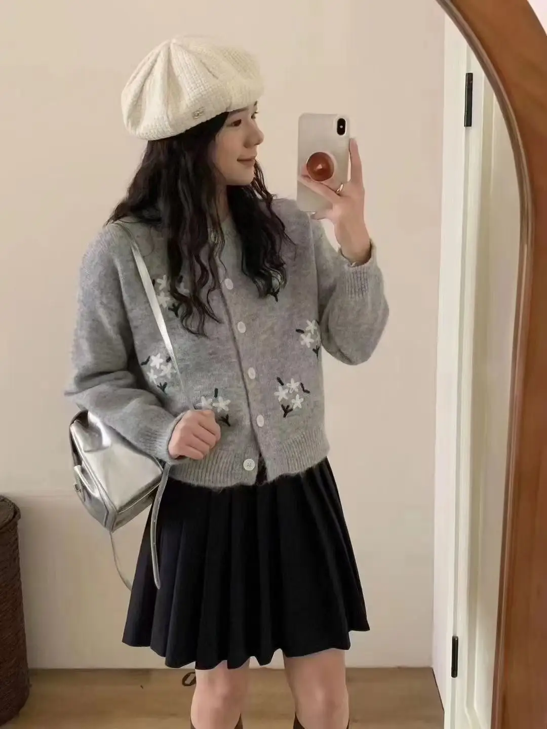 한국인기 레트로 플라워 자수 울 가디건