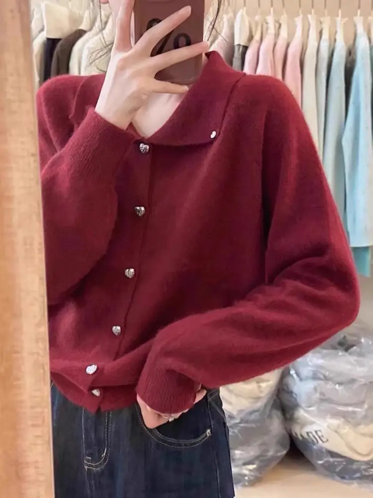 한국인기 폴드 칼라 하트 버튼 울 가디건 상세 이미지 1