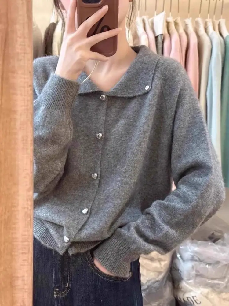 한국인기 폴드 칼라 하트 버튼 울 가디건