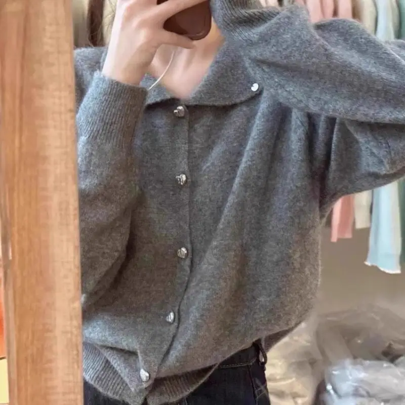 한국인기 폴드 칼라 하트 버튼 울 가디건 상세 이미지 5