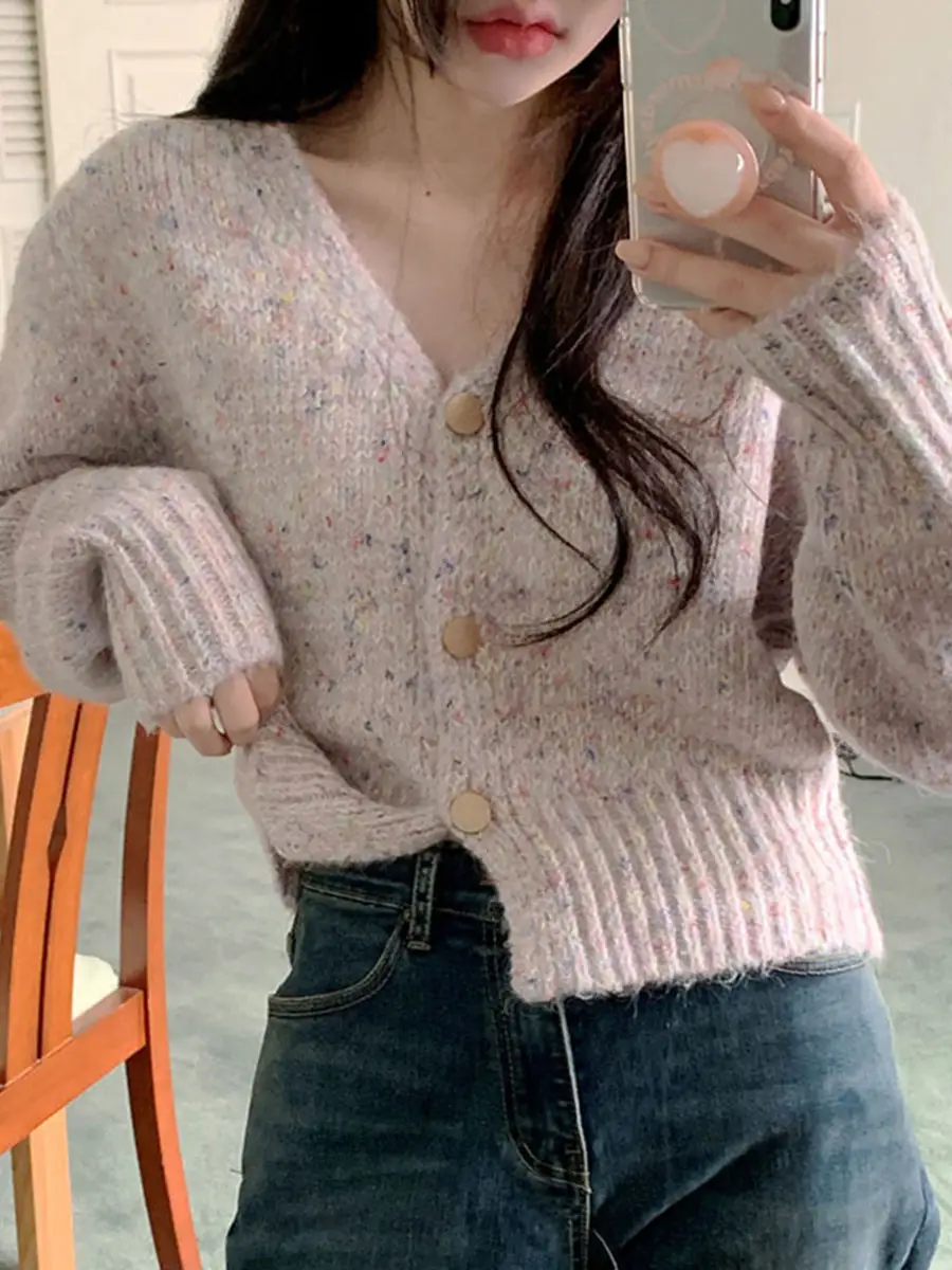 컬러 도트 V넥 울 니트 가디건 상세 이미지 3