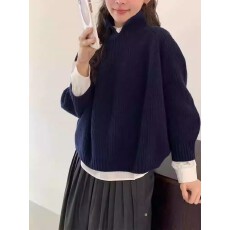 批发韩系翻领宽松套头针织衫女早秋新款2025宽松设计感叠穿气质毛衣潮