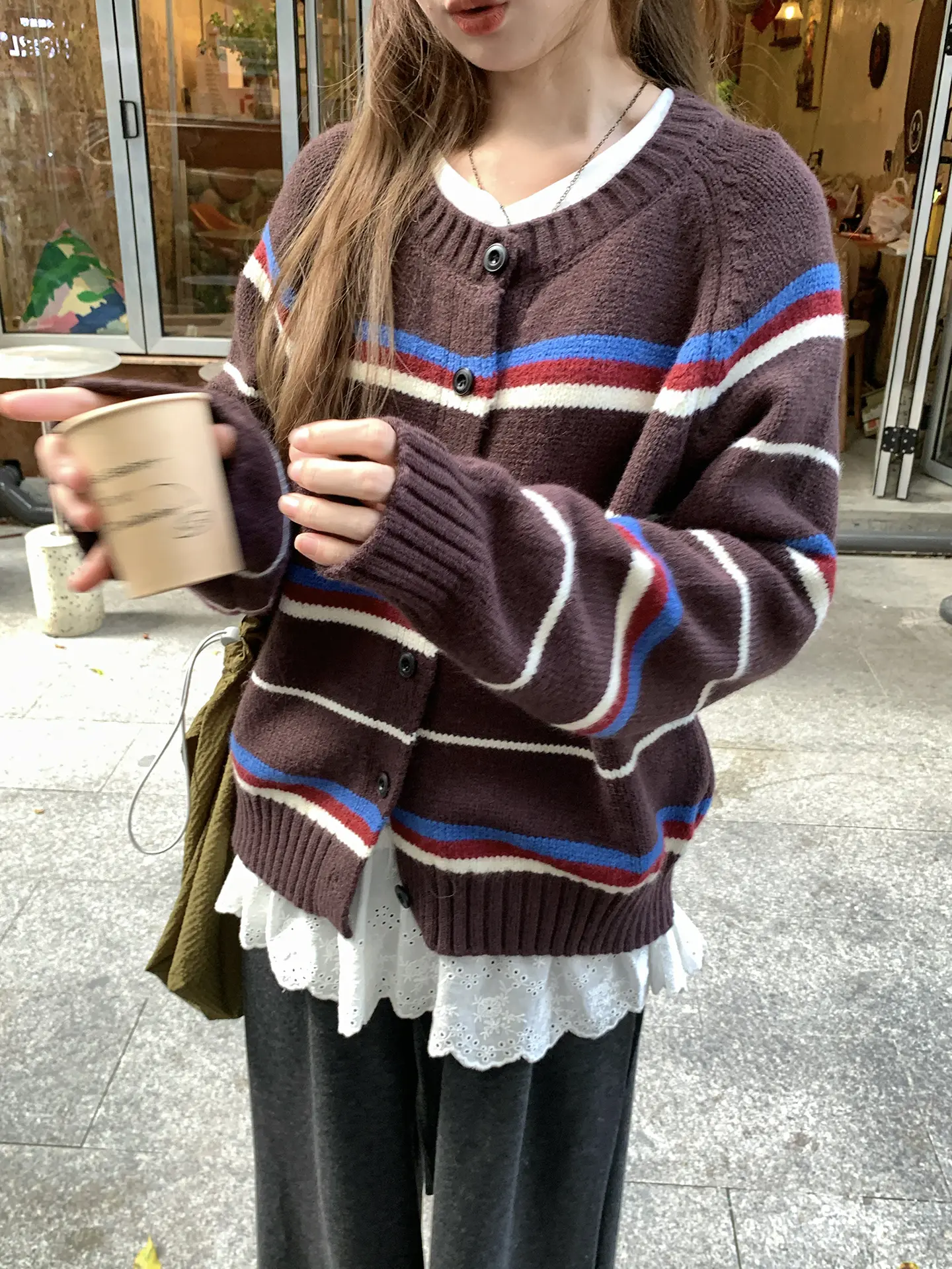 레트로 배색 스트라이프 울 가디건 상세 이미지 1