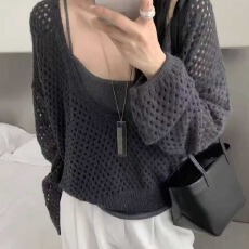 批发韩系新款慵懒风纯色背心+<b class='q'>镂空</b>钩花外塔毛衣<b class='q'>罩衫</b>针织衫两件套