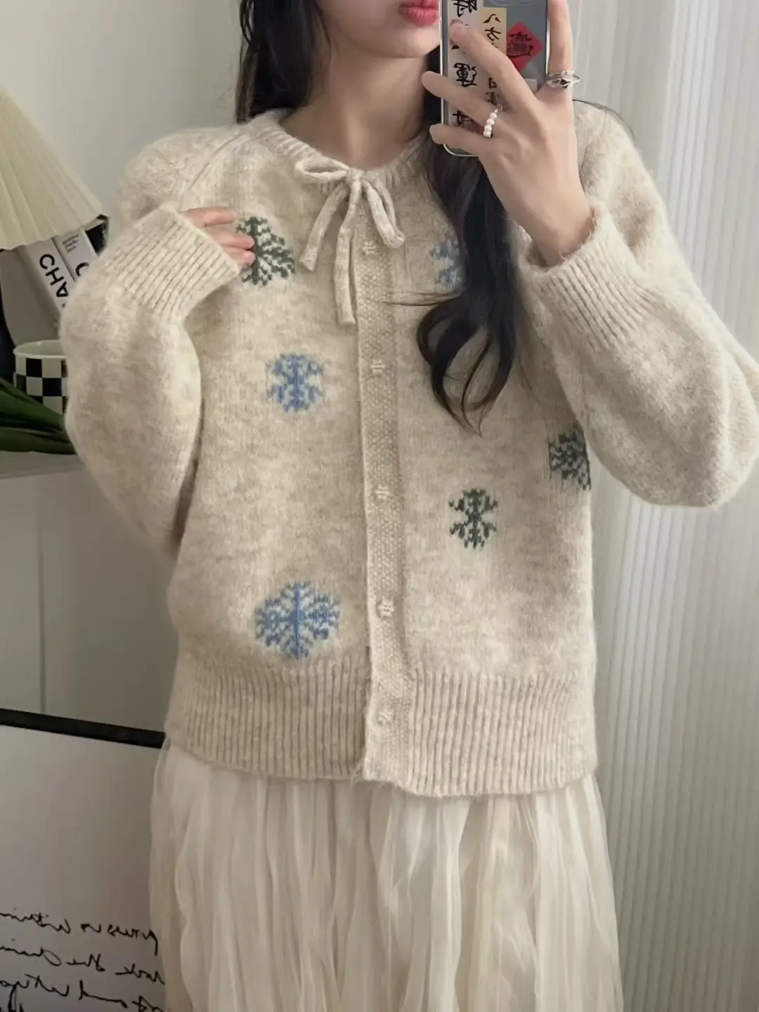 수제 눈꽃 자수 울 가디건 상세 이미지 1