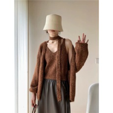 批发2025秋冬花纱混色毛茸毛衣三件套 松弛感开衫+<b class='q'>针织</b><b class='q'>背心</b>+飘带