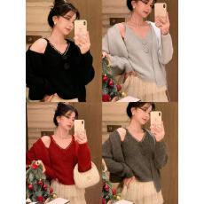 批发韩国东大门高级感V领钉珠针织<b class='q'>毛衣</b>开衫+吊带背心秋季显瘦两件套