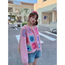 批发李亚男同款Cheri.Z南法手工钩粉色针织开衫外套女<b class='q'>春</b>季长袖毛衣