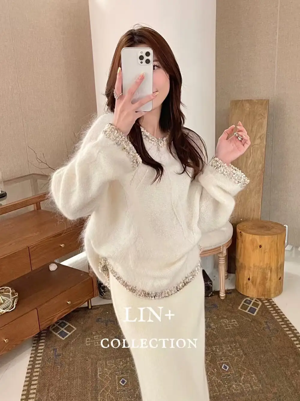 레이스 배색 모헤어 니트 상세 이미지 2