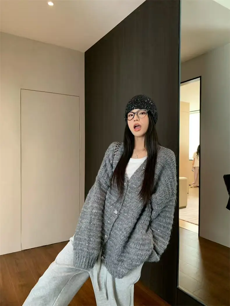 레트로 블랙 스팽글 울 가디건 상세 이미지 11