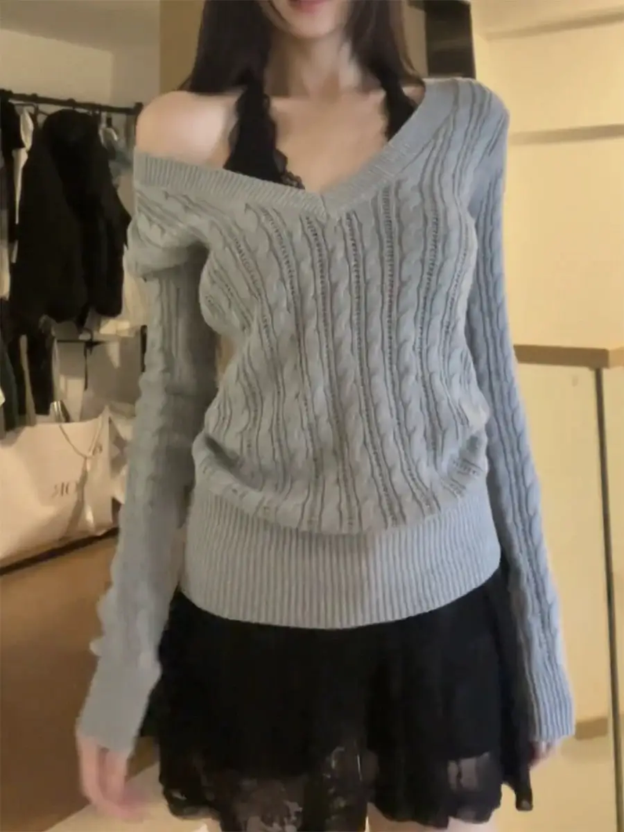 V넥 케이블 니트 상세 이미지 1