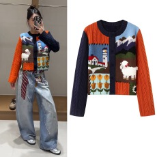 批发<b class='q'>毛衣</b>外套2025秋季新品童趣风景拼块毛织绞花圆领长袖短针织<b class='q'>开衫</b>女