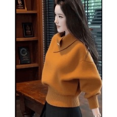 批发法式橘色翻领套头毛衣女秋冬季新款慵懒风软糯加厚保暖针织衫上衣
