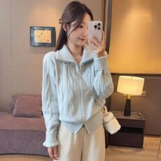 批发双拉链高领麻花毛衣开衫女秋<b class='q'>冬</b>超好看法式奶fufu显白黄色毛衣外套