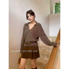 批发秋季新品女装法式慵懒风翻领长袖<b class='q'>休闲</b>简约纯色套头针织衫毛衣