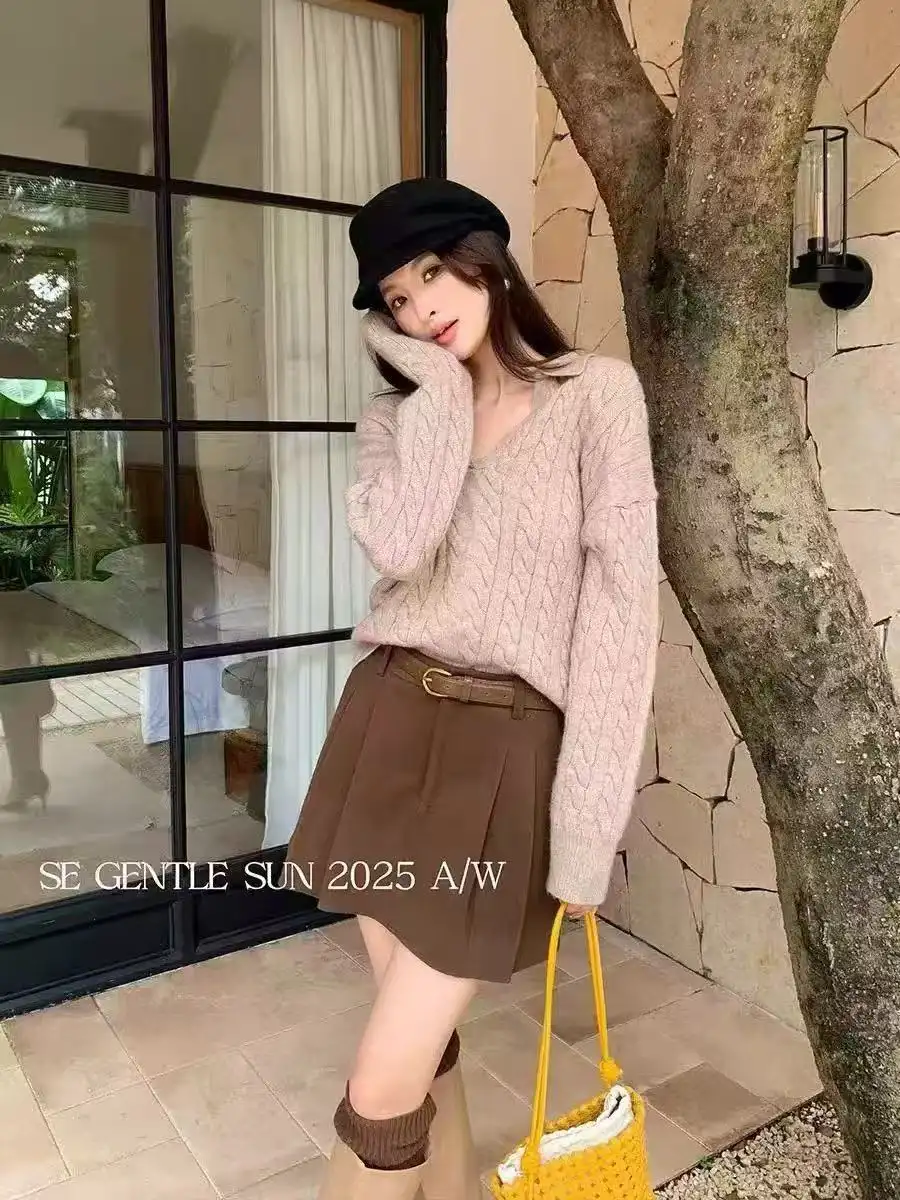 프렌치 캐주얼 폴드 칼라 울 니트 상세 이미지 2