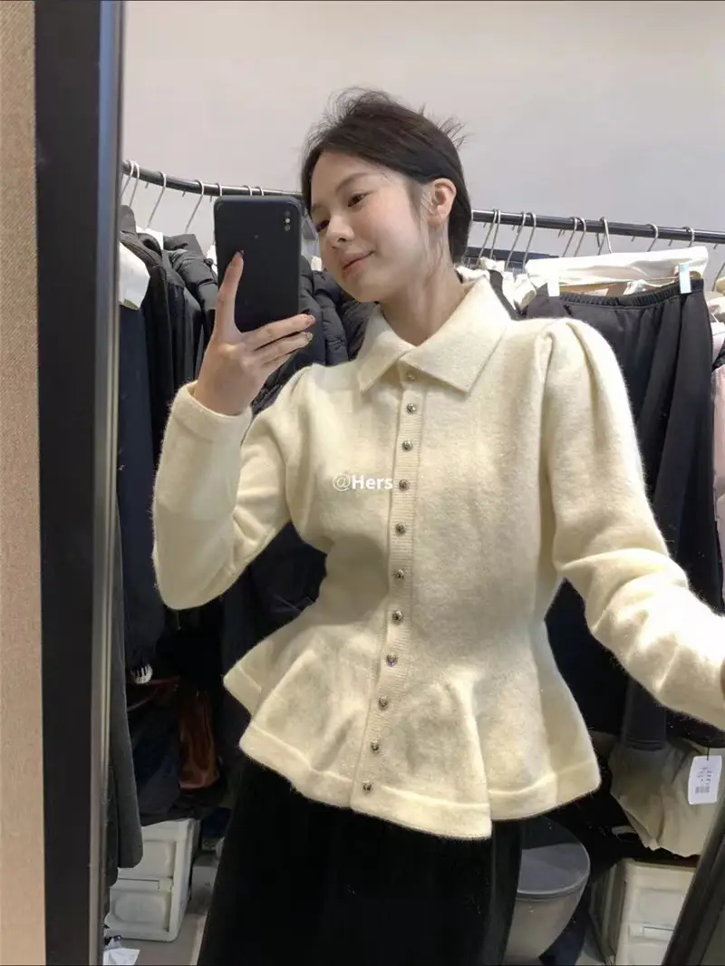 울 허리 셔링 폴로넥 가디건 상세 이미지 2