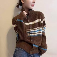 批发复古撞色条纹立领<b class='q'>大码</b>毛衣开衫新款慵懒风宽松显瘦百搭外套上衣女