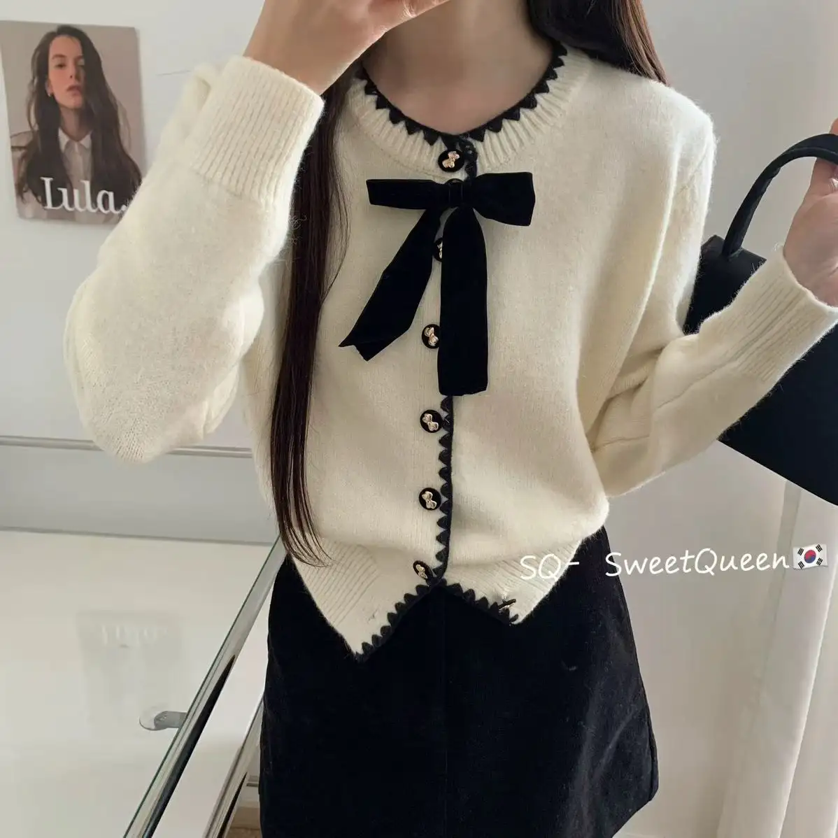 프렌치 스타일 리본 디테일 울 카디건 상세 이미지 1