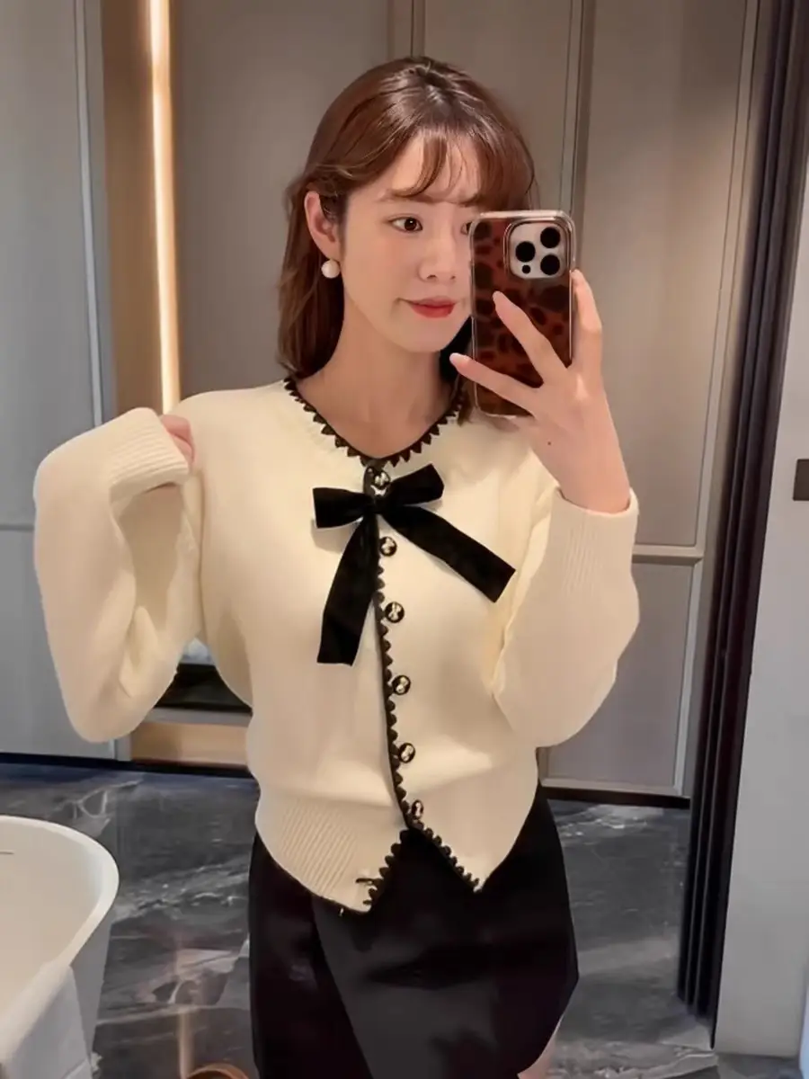 프렌치 스타일 리본 디테일 울 카디건 상세 이미지 2