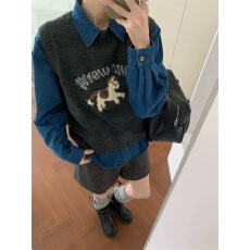 批发减龄字母小马提花2026早春毛衣马甲+<b class='q'>牛仔</b><b class='q'>衬衫</b>两件套