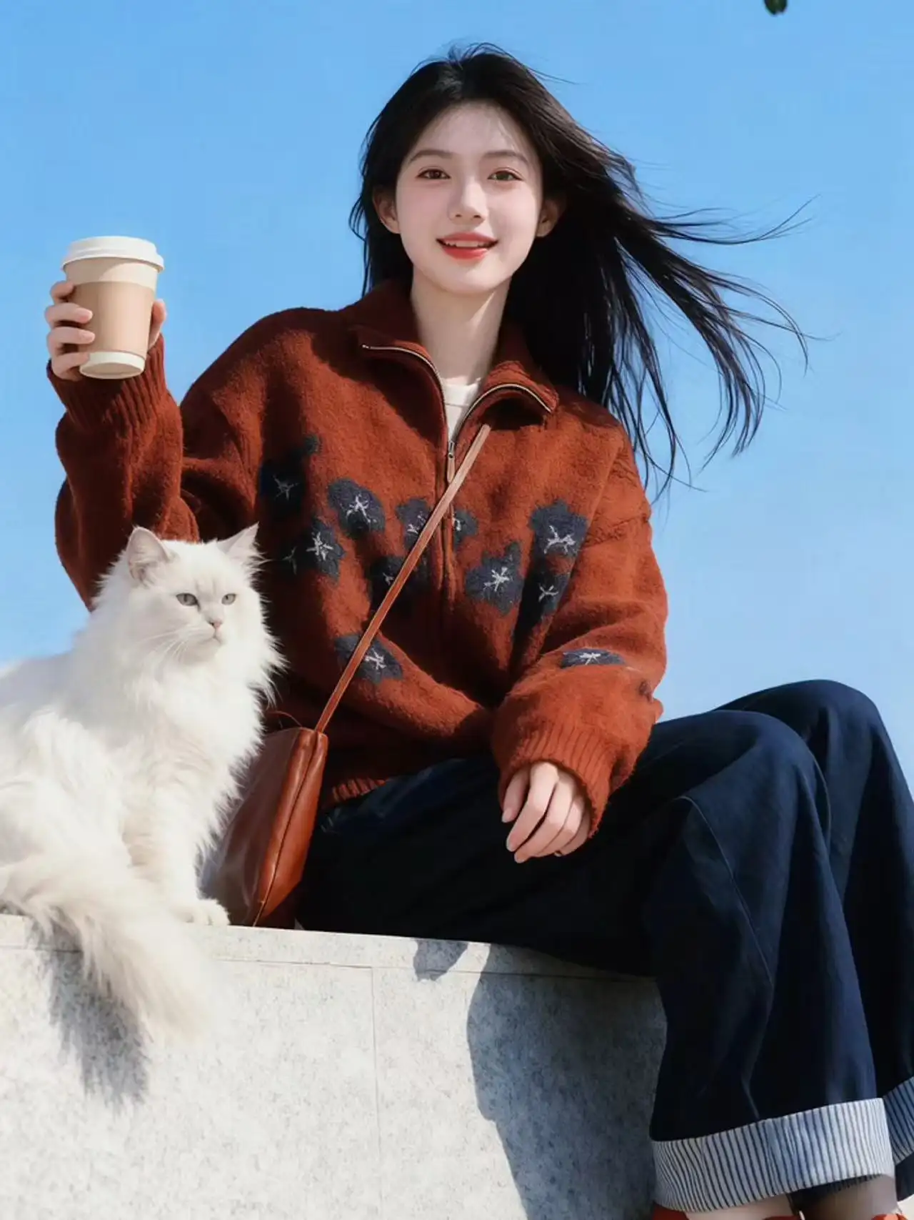 자카드 폴드 칼라 지퍼 니트 가디건 상세 이미지 3