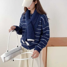 批发2025秋冬新款韩版ins潮 百搭宽松撞色拼接条纹针织<b class='q'>开衫</b>配围巾上衣