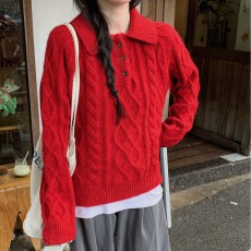 批发<b class='q'>韩版</b>慵懒风麻花纹翻领针织衫上衣女秋冬杏色纽扣设计温柔百搭毛衣