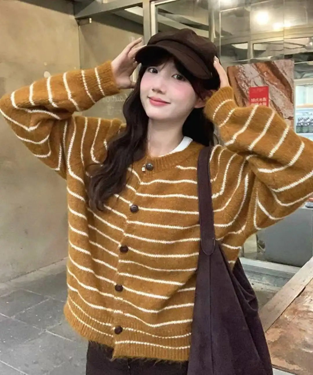 프렌치 심플 스트라이프 울 가디건 상세 이미지 2
