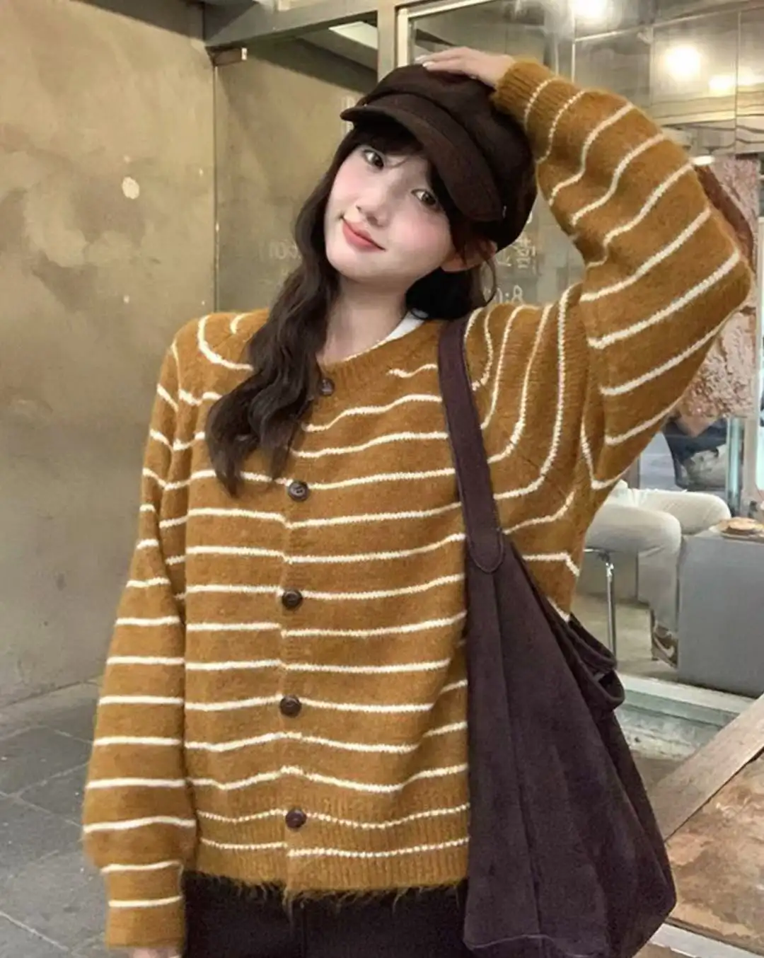 프렌치 심플 스트라이프 울 가디건 상세 이미지 3