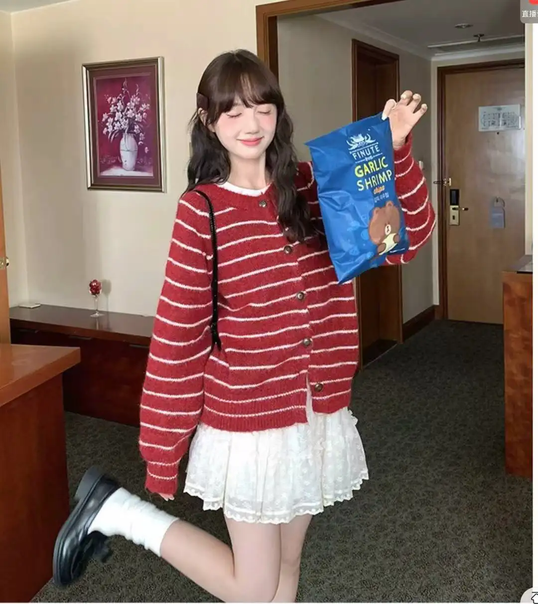 프렌치 심플 스트라이프 울 가디건 상세 이미지 5