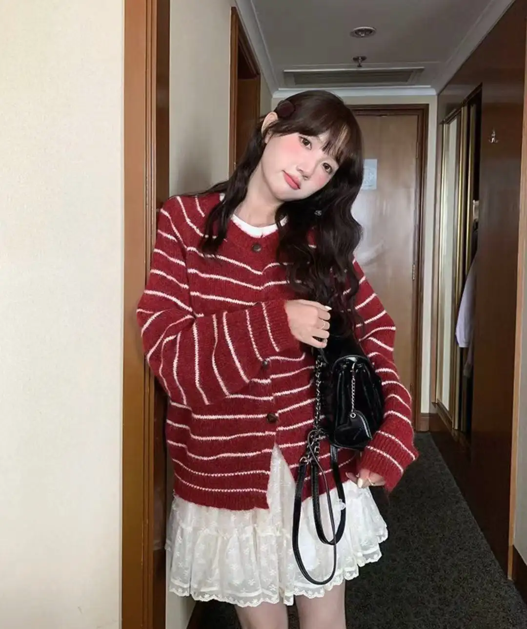 프렌치 심플 스트라이프 울 가디건 상세 이미지 6